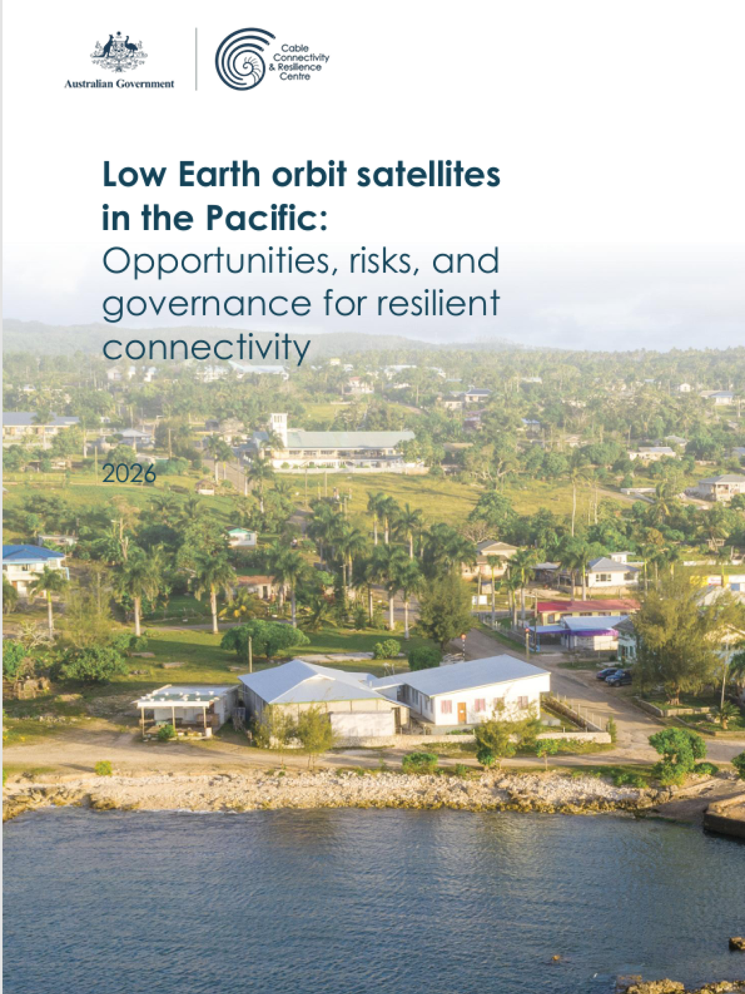 Cover of the research report Low Earth orbit satellites in the Pacific, showing a Pacific coastline and with the report name overlaid. 